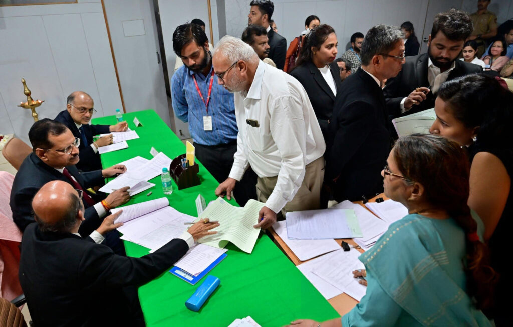 People resolving traffic challan issues in a Lok Adalat court session in India