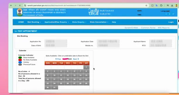 Screenshot: The slot booking calendar page