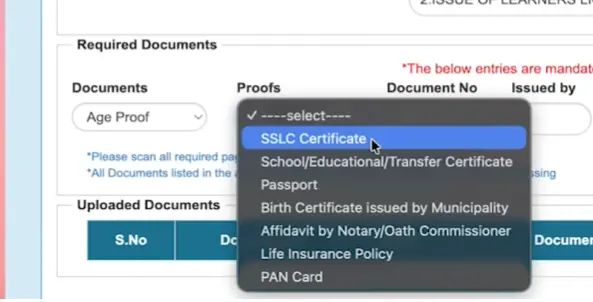 Upload section for required documents