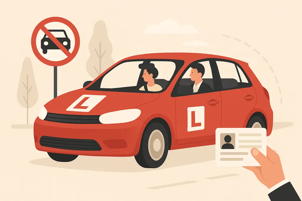 Illustration showing learner driver in red car with L signs and instructor beside, symbolizing rules for learner’s license holders in India.