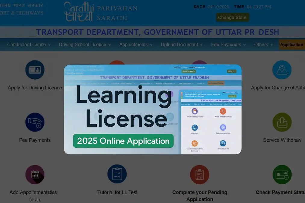Official Parivahan Sewa portal homepage background with Learning License 2025 Online Application text overlay.