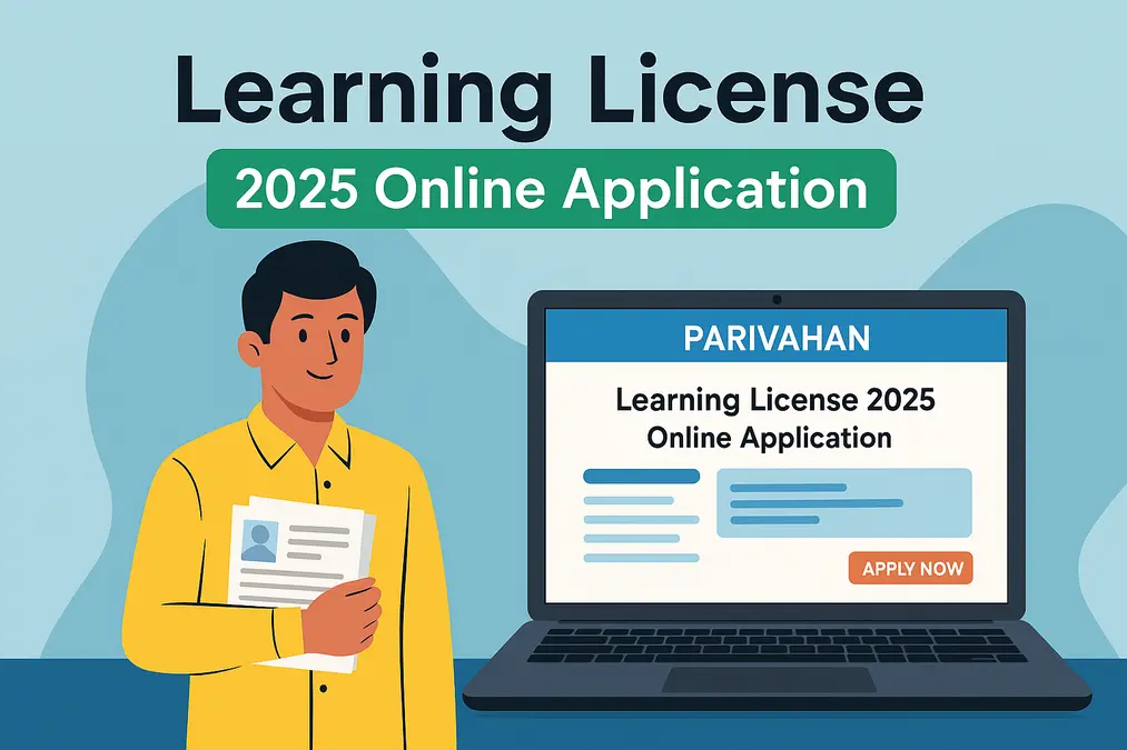 Illustration showing a person applying online for a Learning License 2025 using the Parivahan Sewa portal.
