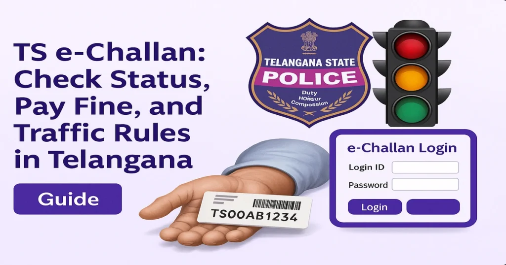 TS e-Challan Telangana featured image showing guide to check challan status, pay fine and view traffic rules online.
