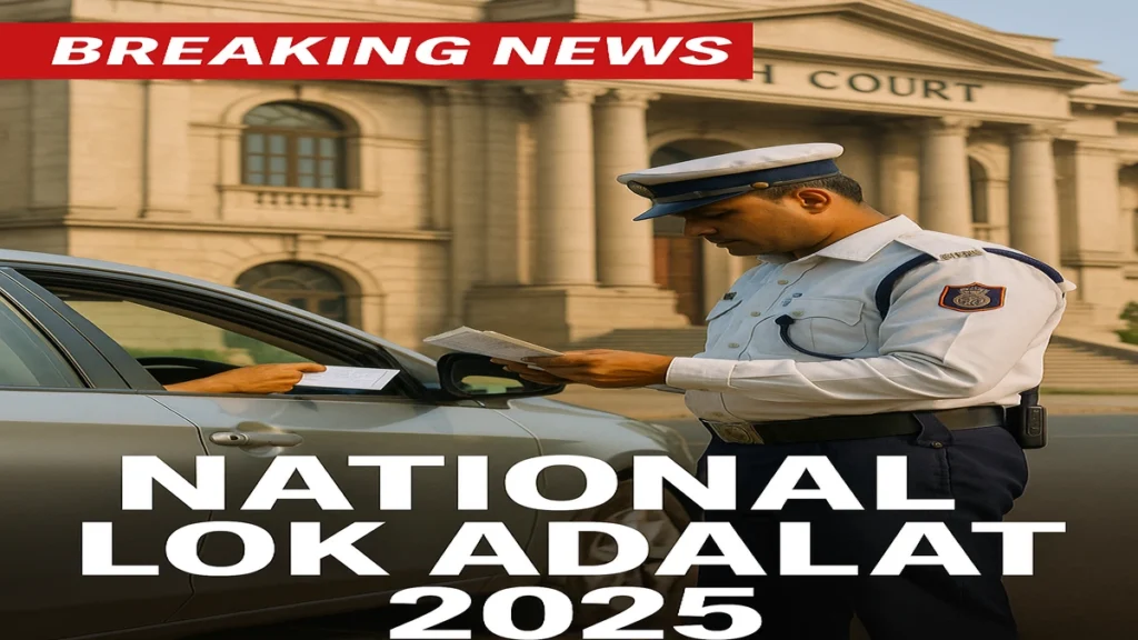 Traffic police checking vehicle papers outside court during National Lok Adalat 2025 for challan settlement