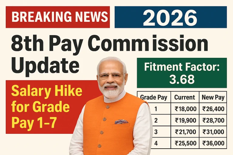 Infographic showing 8th Pay Commission 2026 salary hike details and fitment factor 3.68 for Grade Pay 1 to 7 employees.